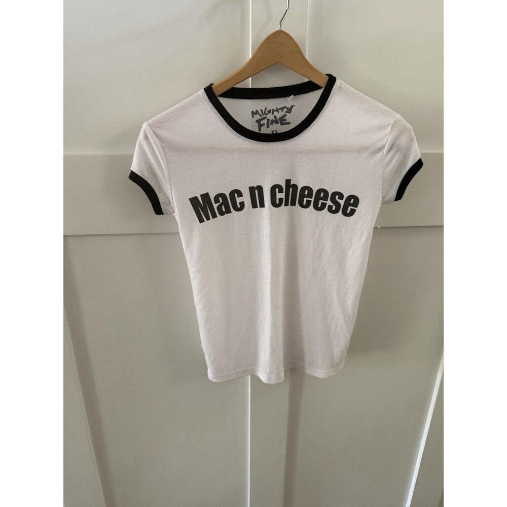 Mighty Fine Women’s Mac n Cheese Graphic Ringer Retro Tee White/Black Size XS